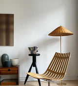 Mid Century Modern Rattan Stem Floor Lamp with Elegant Fabric Shade for Indoor Living Spaces