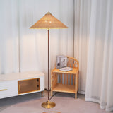 Mid Century Modern Rattan Stem Floor Lamp with Elegant Fabric Shade for Indoor Living Spaces