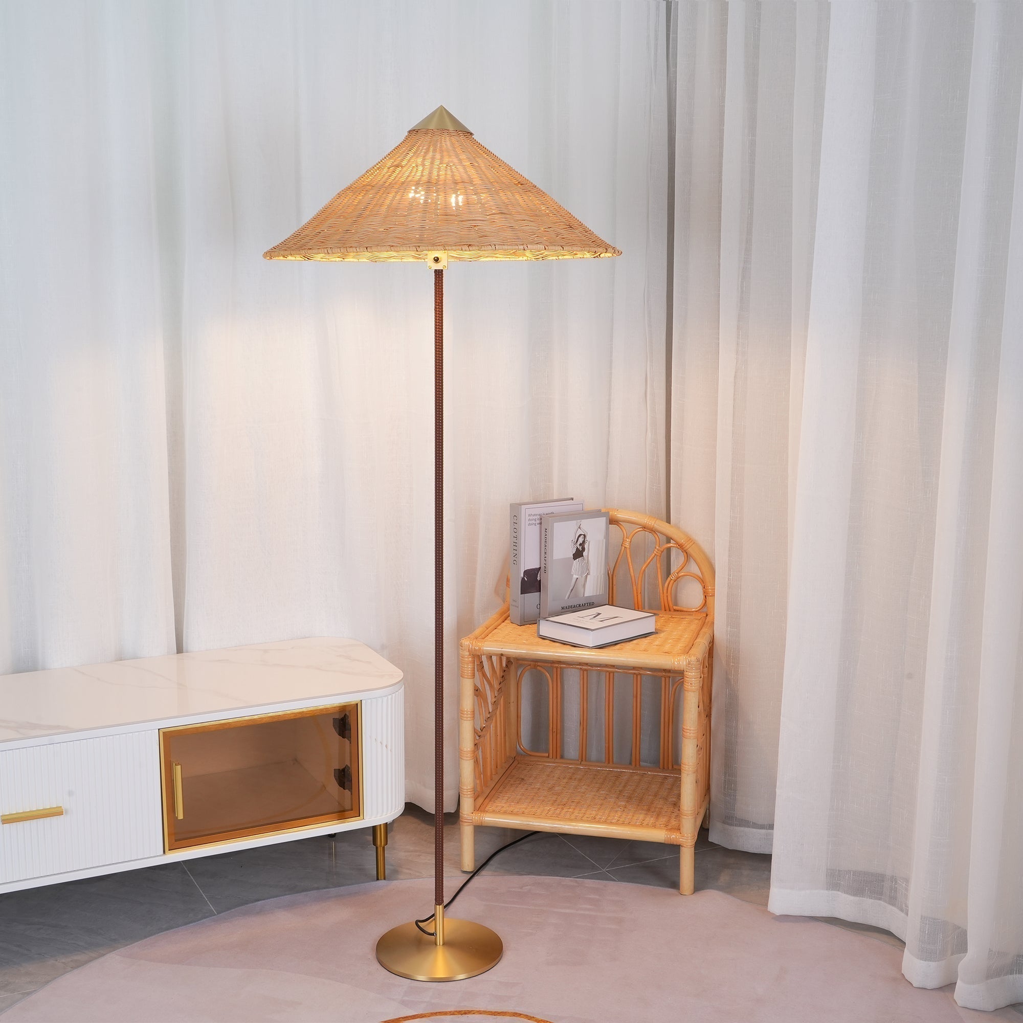 Mid Century Modern Rattan Stem Floor Lamp with Elegant Fabric Shade for Indoor Living Spaces