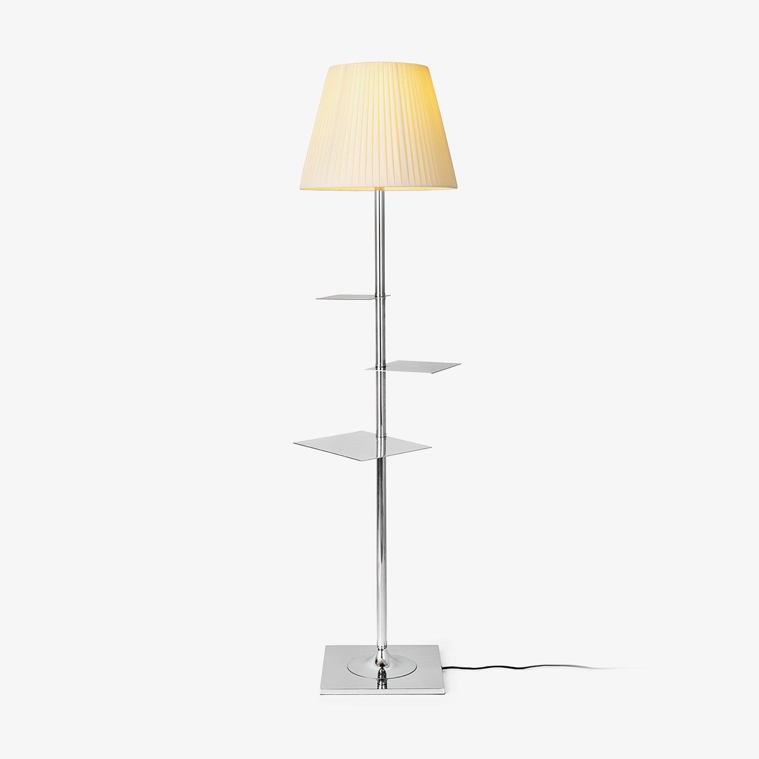 Modern Chrome Prism Floor Lamp with Integrated Side Table and Fabric Shade