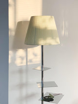 Modern Chrome Prism Floor Lamp with Integrated Side Table and Fabric Shade