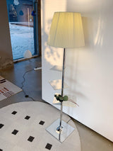 Modern Chrome Prism Floor Lamp with Integrated Side Table and Fabric Shade