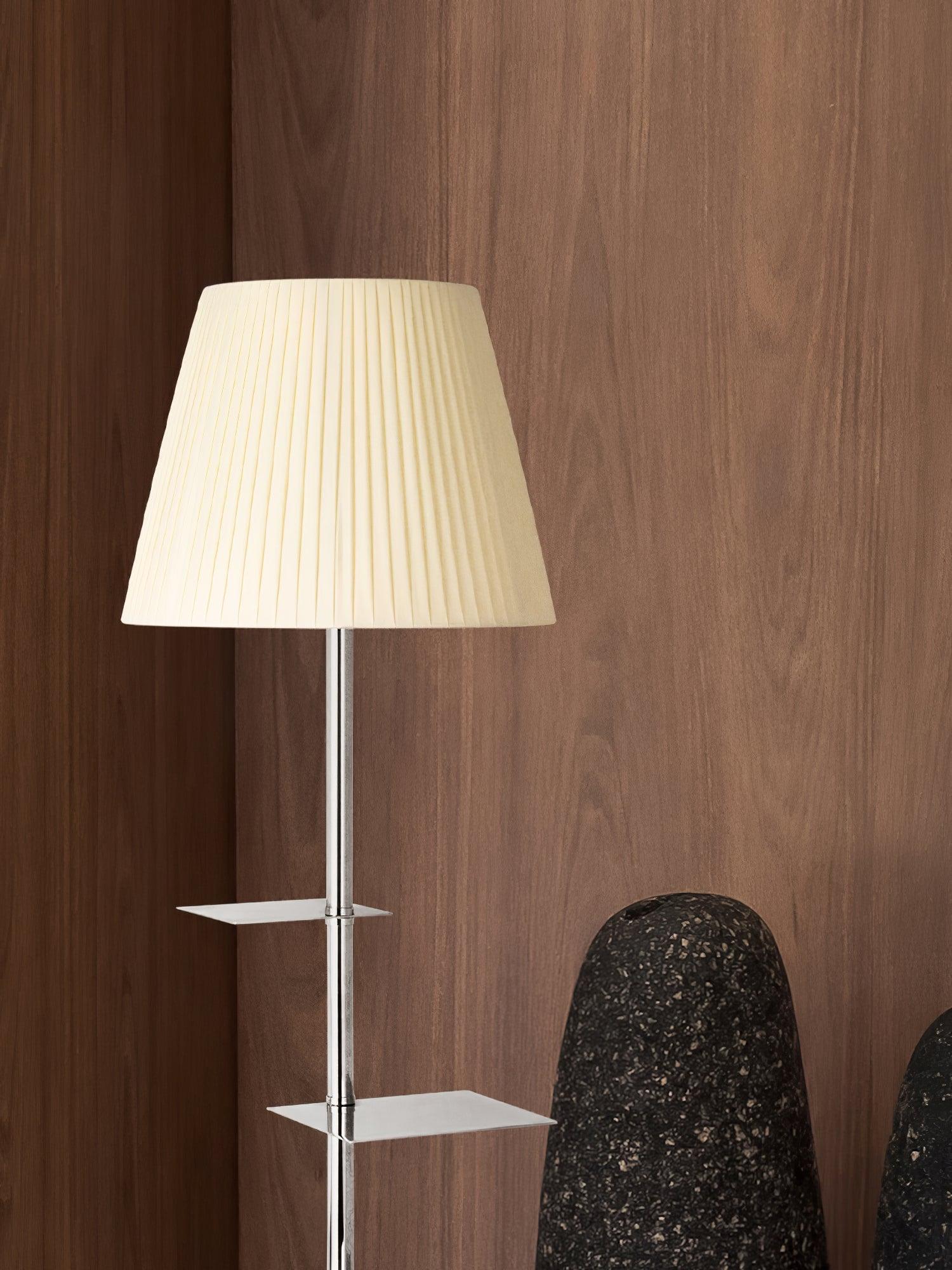 Modern Chrome Prism Floor Lamp with Integrated Side Table and Fabric Shade