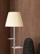 Modern Chrome Prism Floor Lamp with Integrated Side Table and Fabric Shade