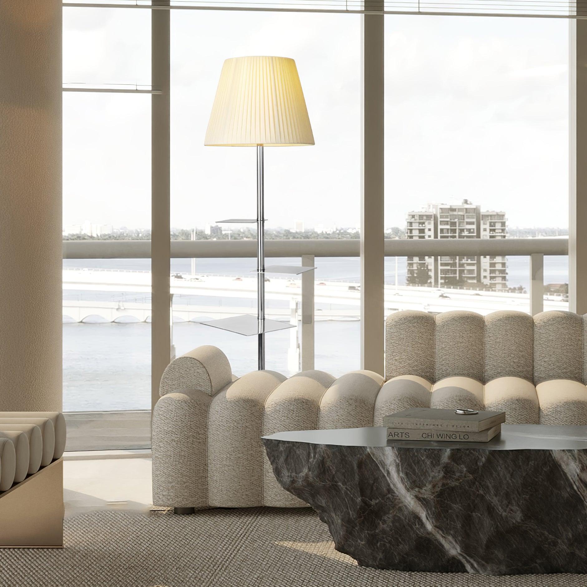 Modern Chrome Prism Floor Lamp with Integrated Side Table and Fabric Shade