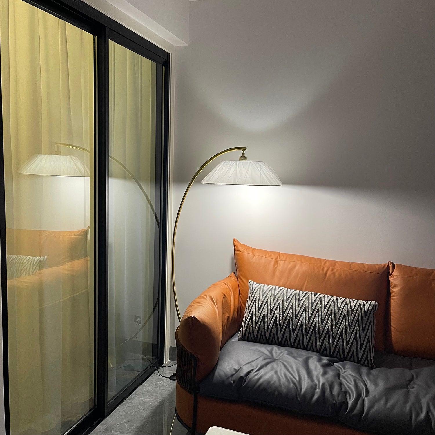 Contemporary Arched Floor Lamp Gold Finish with White Linen Cotton Shade