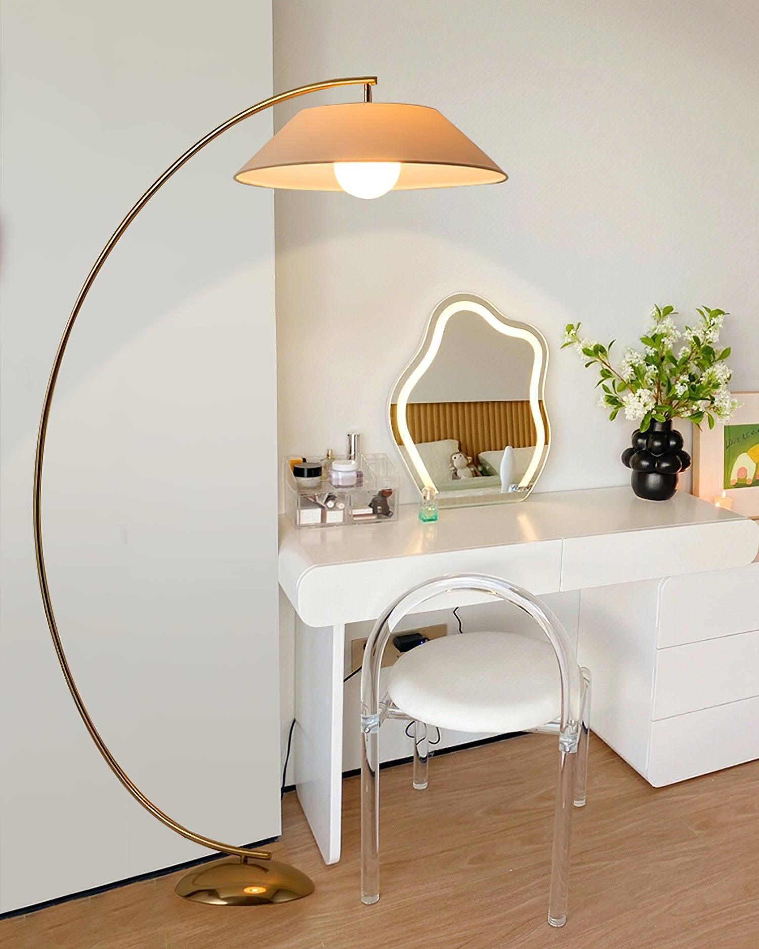 Contemporary Arched Floor Lamp Gold Finish with White Linen Cotton Shade
