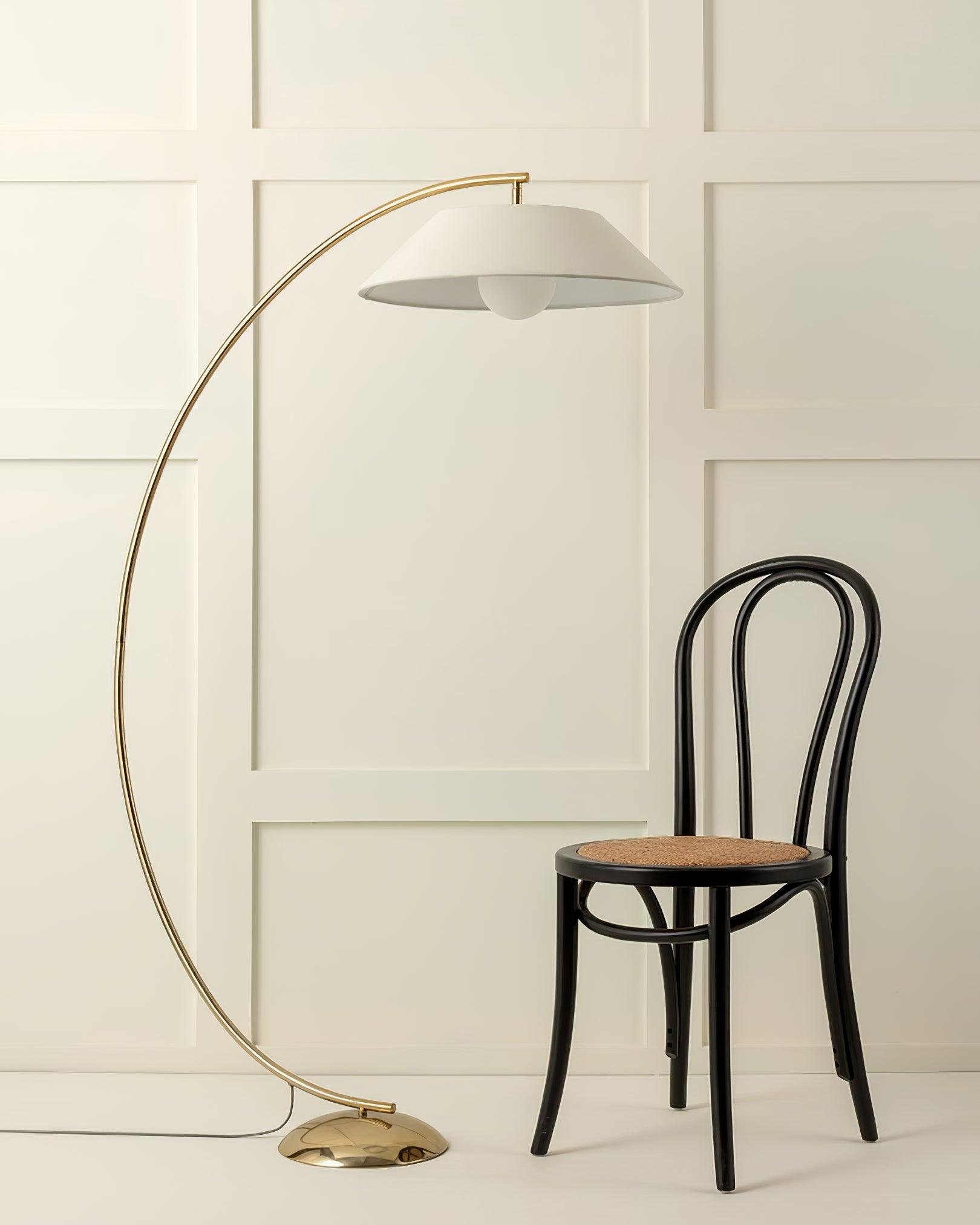Contemporary Arched Floor Lamp Gold Finish with White Linen Cotton Shade