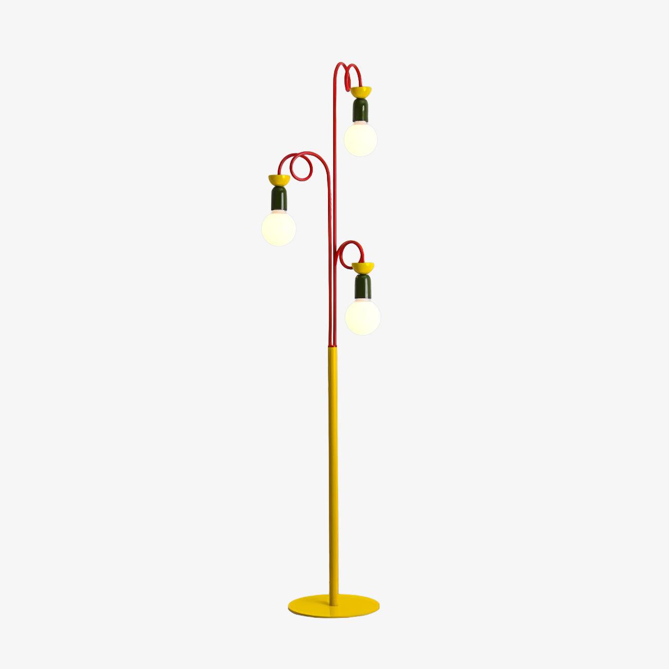 Retro Modern Memphis Style Geometric Floor Lamp with Colorful Accents and Rounded Glass Globe