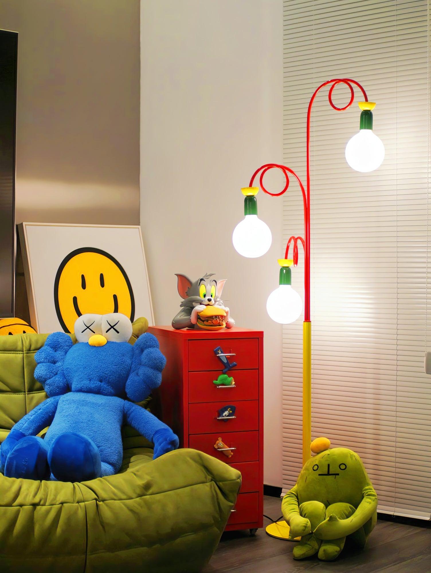 Retro Modern Memphis Style Geometric Floor Lamp with Colorful Accents and Rounded Glass Globe