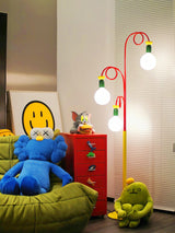 Retro Modern Memphis Style Geometric Floor Lamp with Colorful Accents and Rounded Glass Globe