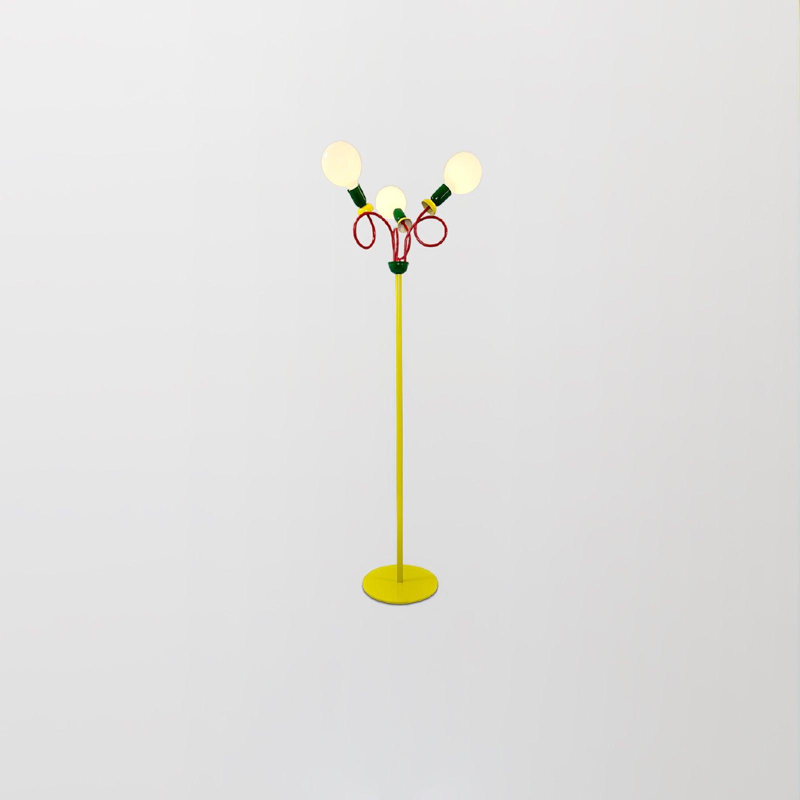 Retro Modern Memphis Style Geometric Floor Lamp with Colorful Accents and Rounded Glass Globe