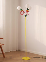 Retro Modern Memphis Style Geometric Floor Lamp with Colorful Accents and Rounded Glass Globe