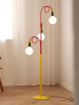 Retro Modern Memphis Style Geometric Floor Lamp with Colorful Accents and Rounded Glass Globe