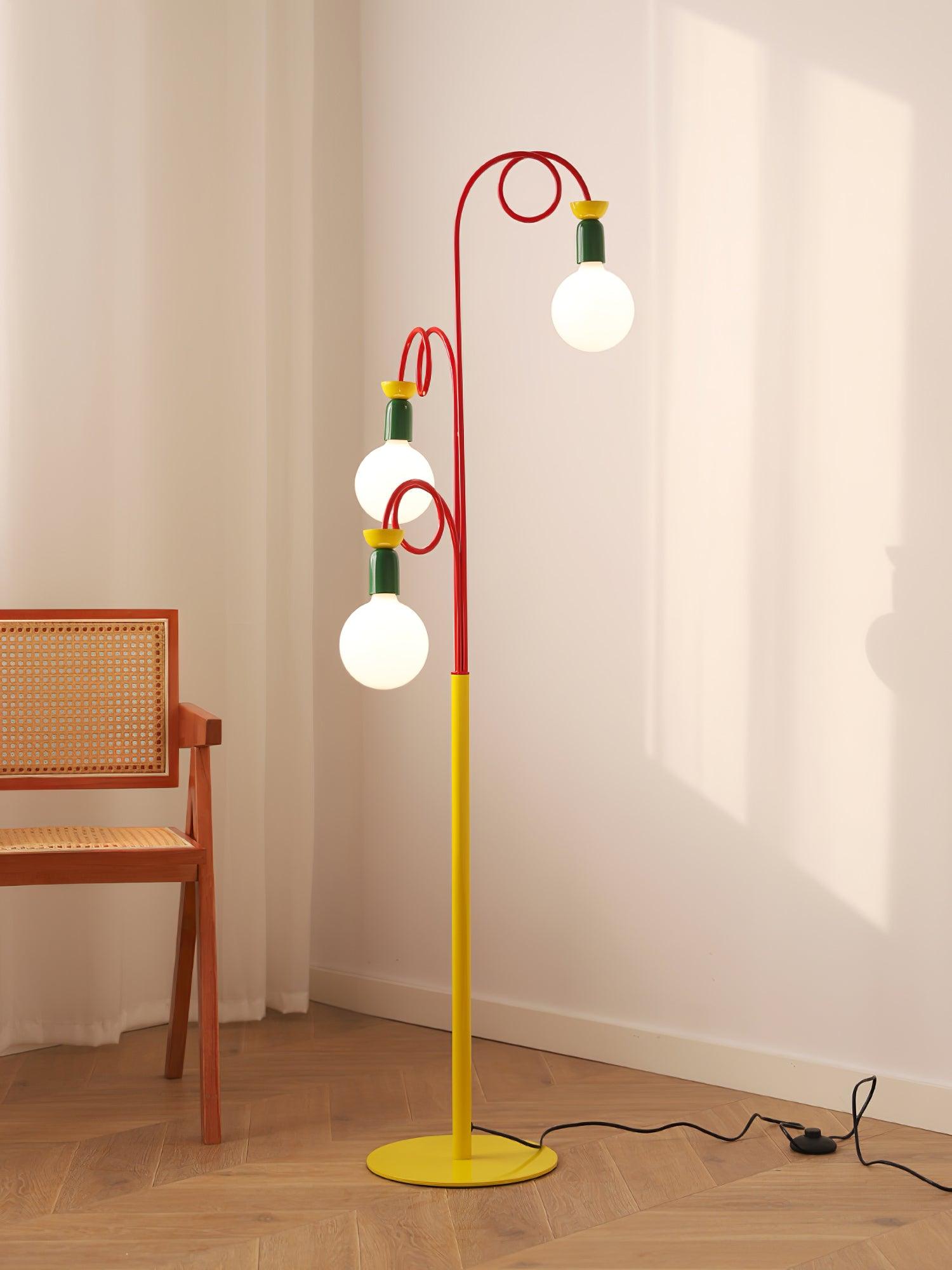 Retro Modern Memphis Style Geometric Floor Lamp with Colorful Accents and Rounded Glass Globe