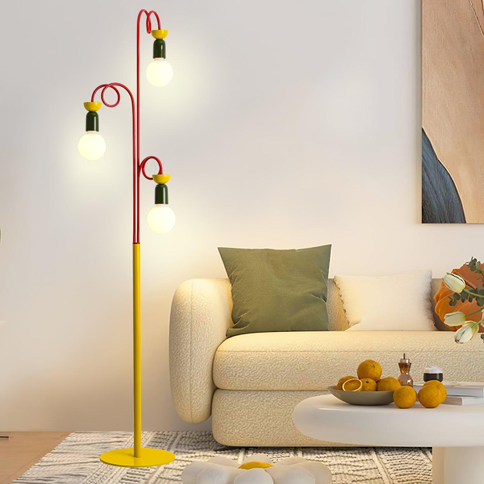 Retro Modern Memphis Style Geometric Floor Lamp with Colorful Accents and Rounded Glass Globe