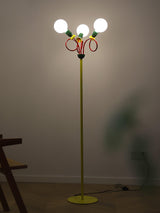 Retro Modern Memphis Style Geometric Floor Lamp with Colorful Accents and Rounded Glass Globe
