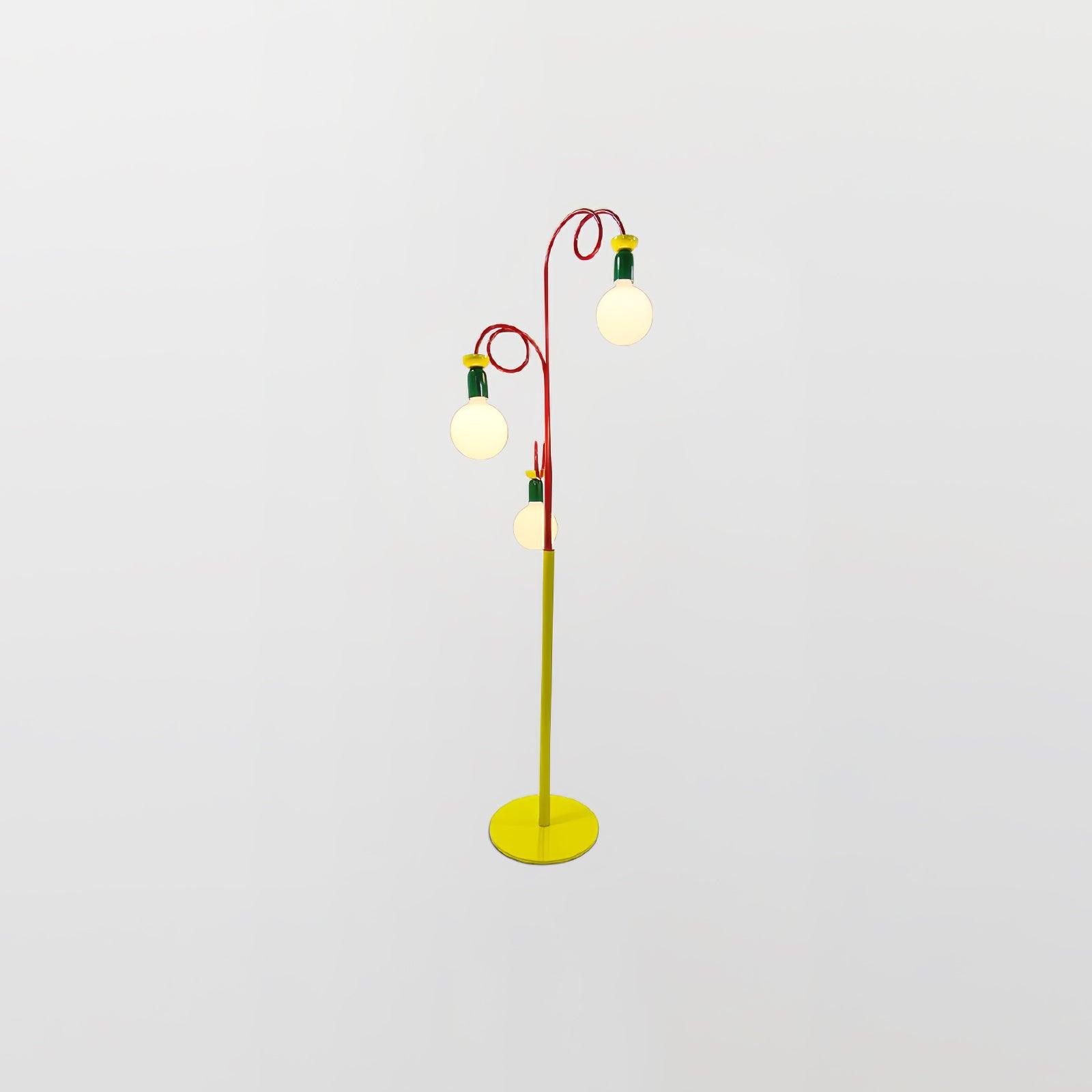 Retro Modern Memphis Style Geometric Floor Lamp with Colorful Accents and Rounded Glass Globe