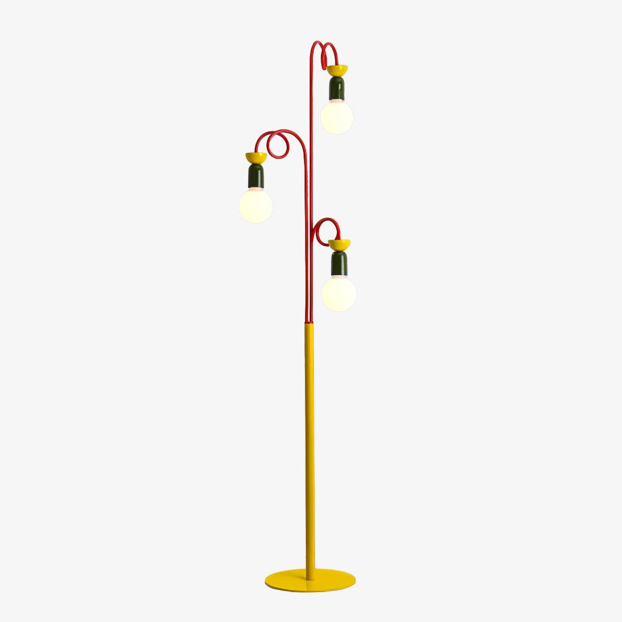 Retro Modern Memphis Style Geometric Floor Lamp with Colorful Accents and Rounded Glass Globe