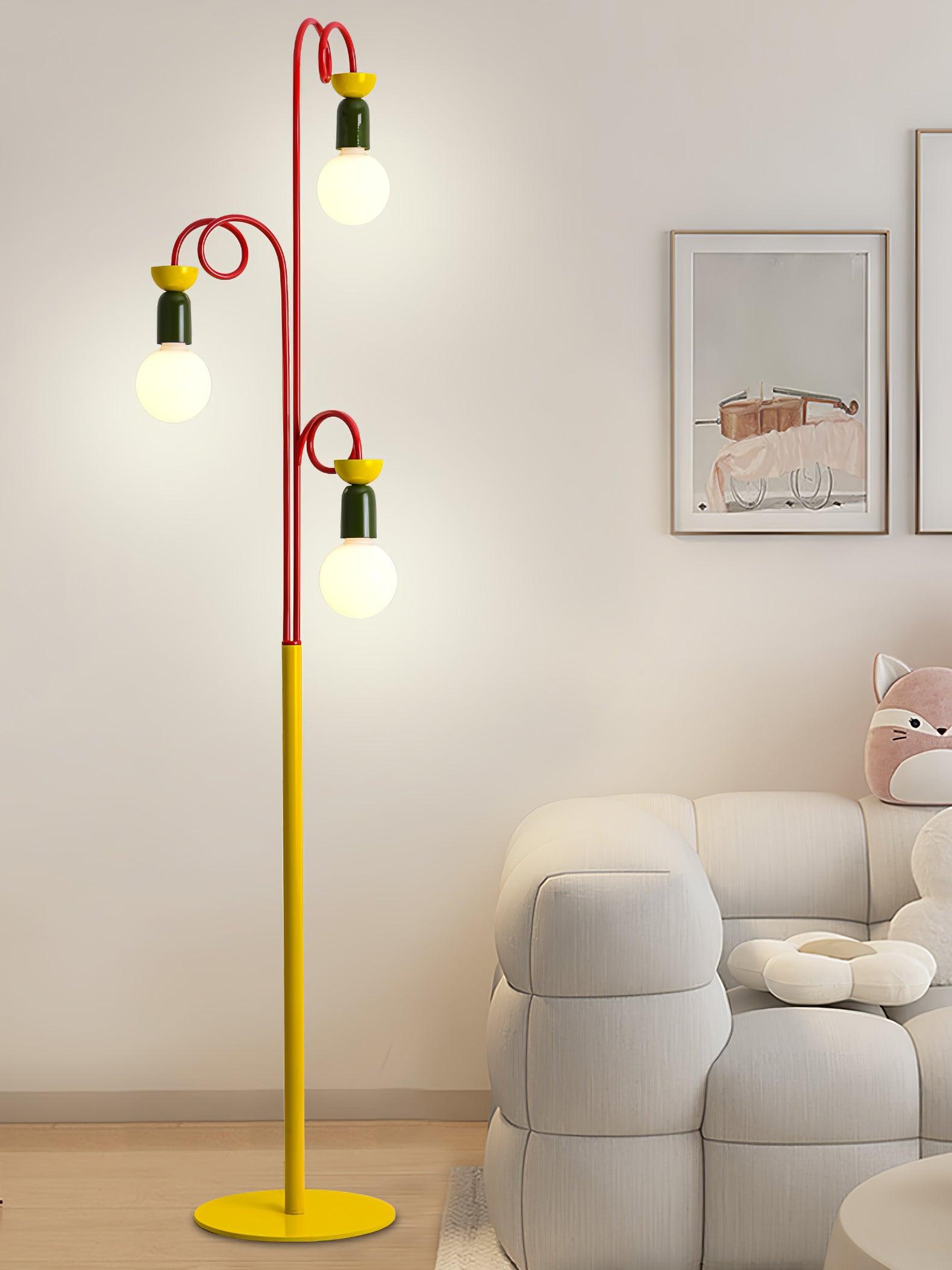 Retro Modern Memphis Style Geometric Floor Lamp with Colorful Accents and Rounded Glass Globe