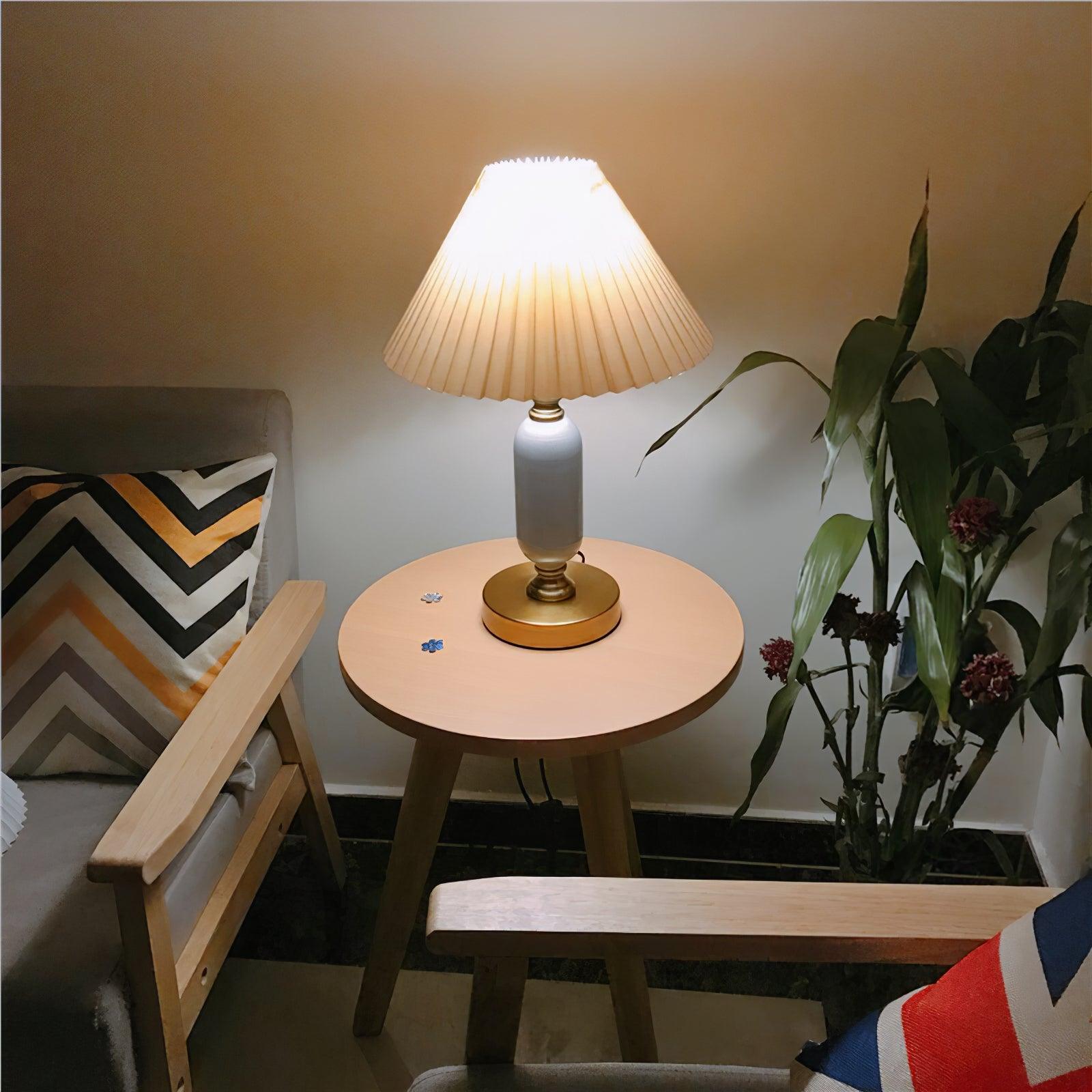 Vintage Antique Brass Table Lamp with Tapered Fabric Shade Classic Desk Light for Bedroom Office
