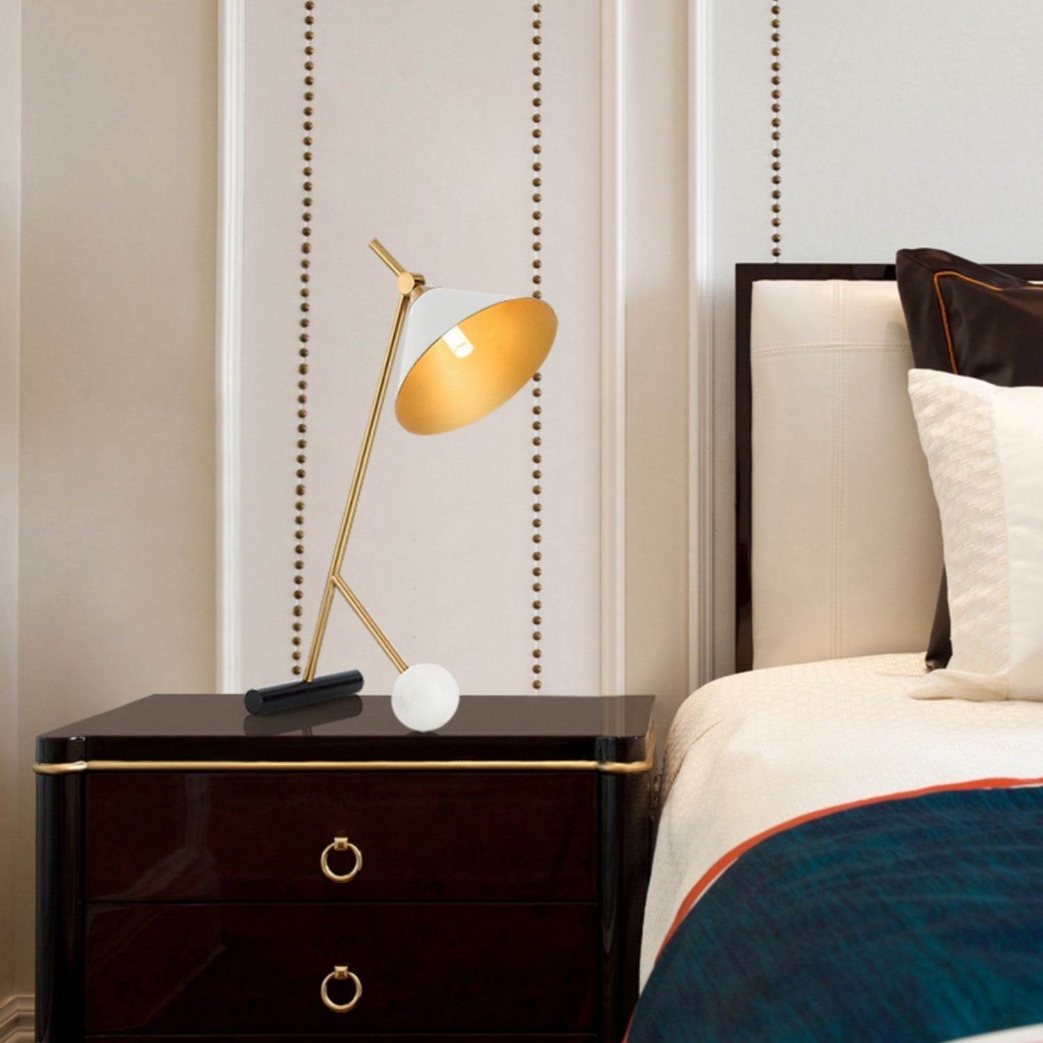 Modern Marble Table Lamp with Conical Shade and Orb Accent for Elegant Bedside and Study Lighting