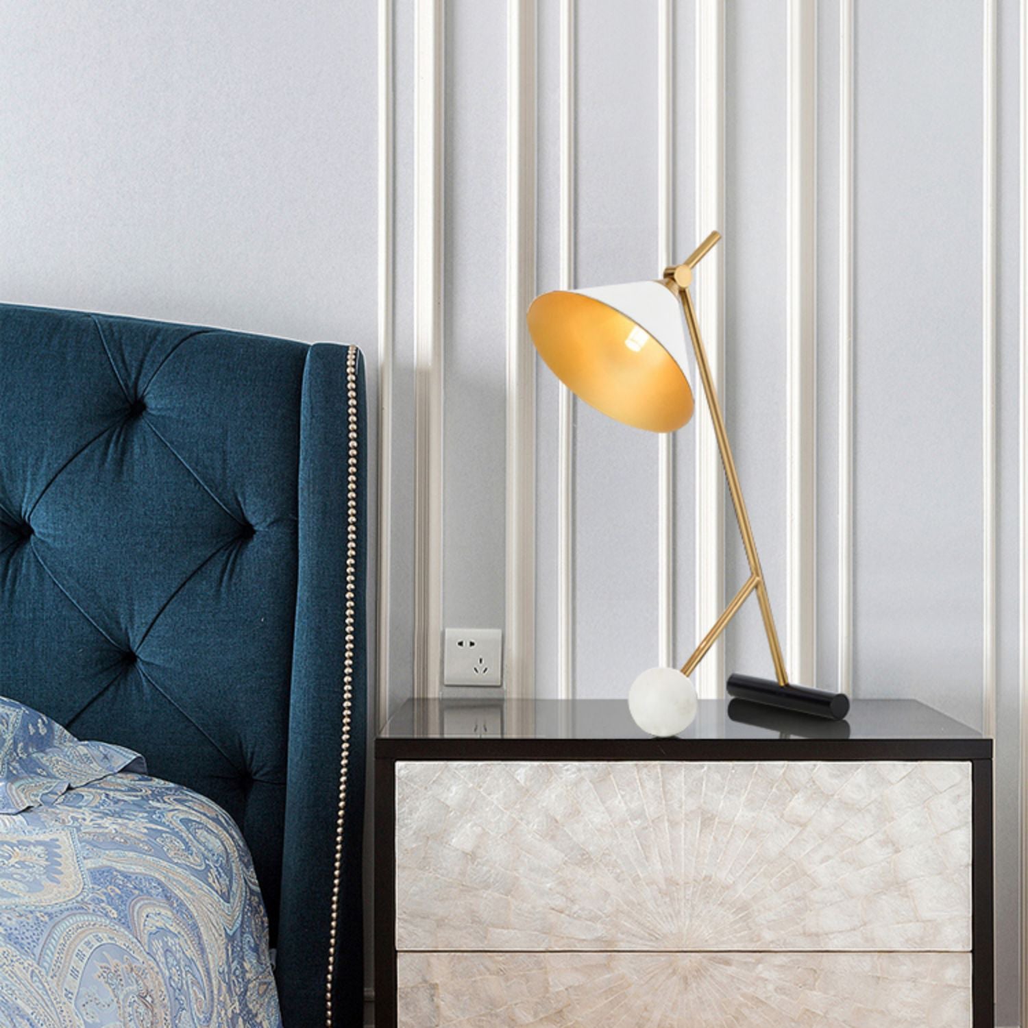 Modern Marble Table Lamp with Conical Shade and Orb Accent for Elegant Bedside and Study Lighting