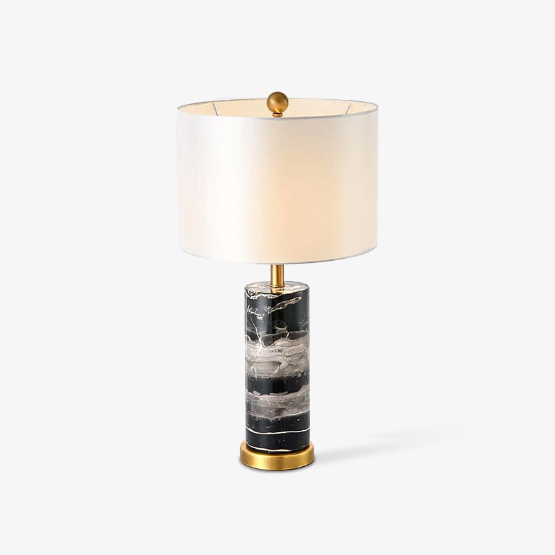 Modern Marble Bedside Table Lamp Gold Metal Finish with White Fabric Drum Shade