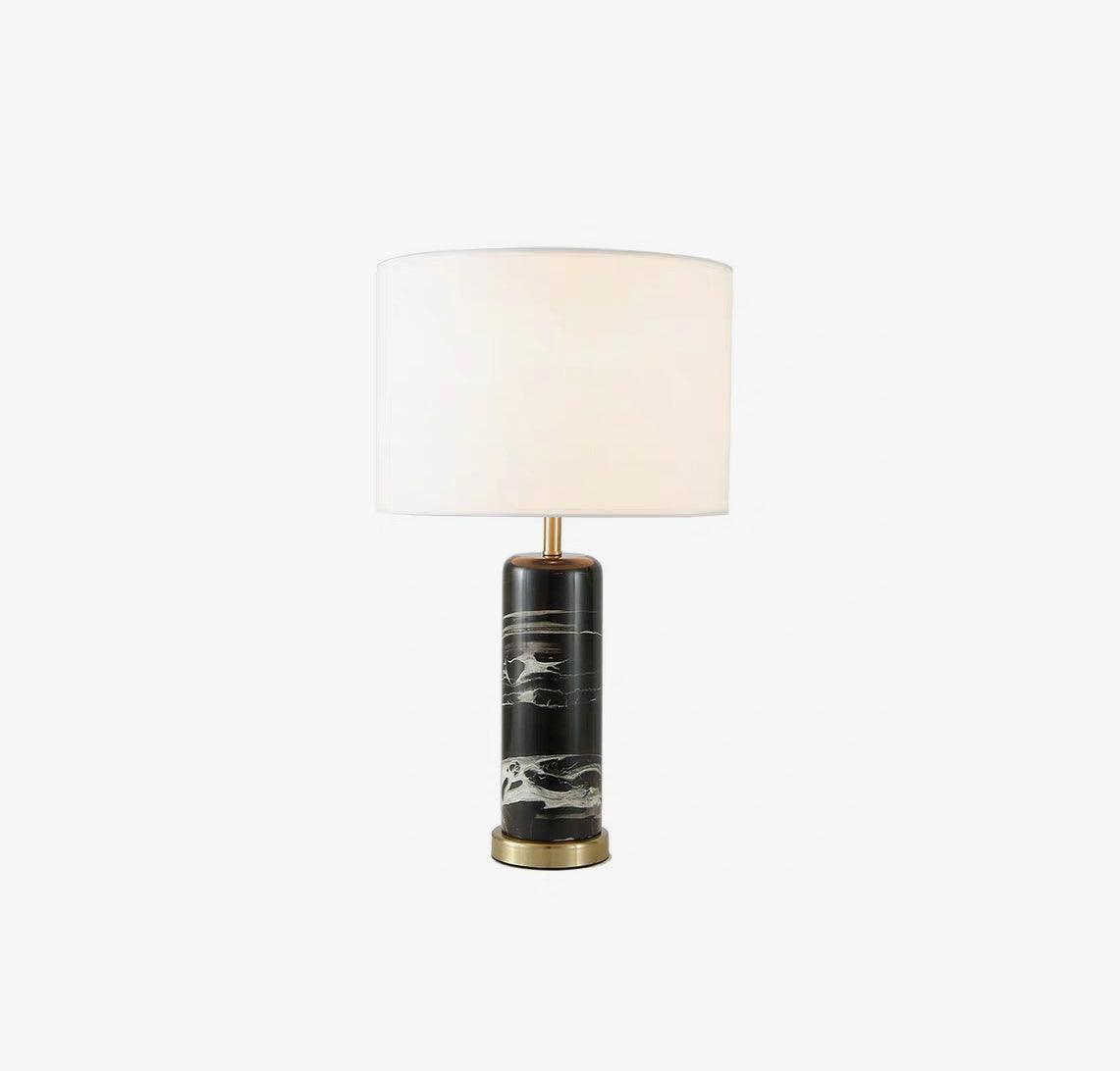 Modern Marble Bedside Table Lamp Gold Metal Finish with White Fabric Drum Shade