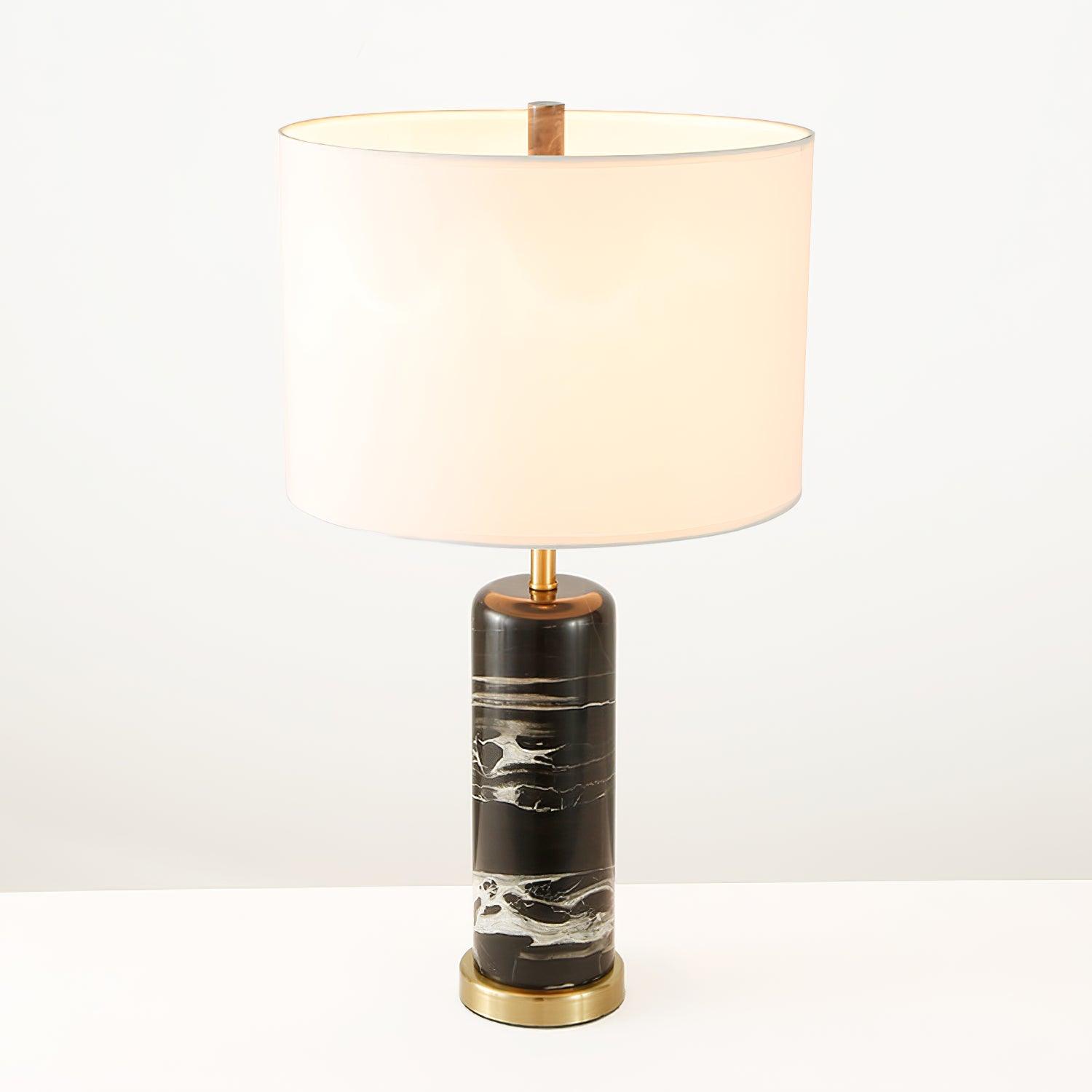 Modern Marble Bedside Table Lamp Gold Metal Finish with White Fabric Drum Shade