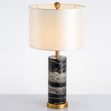 Modern Marble Bedside Table Lamp Gold Metal Finish with White Fabric Drum Shade