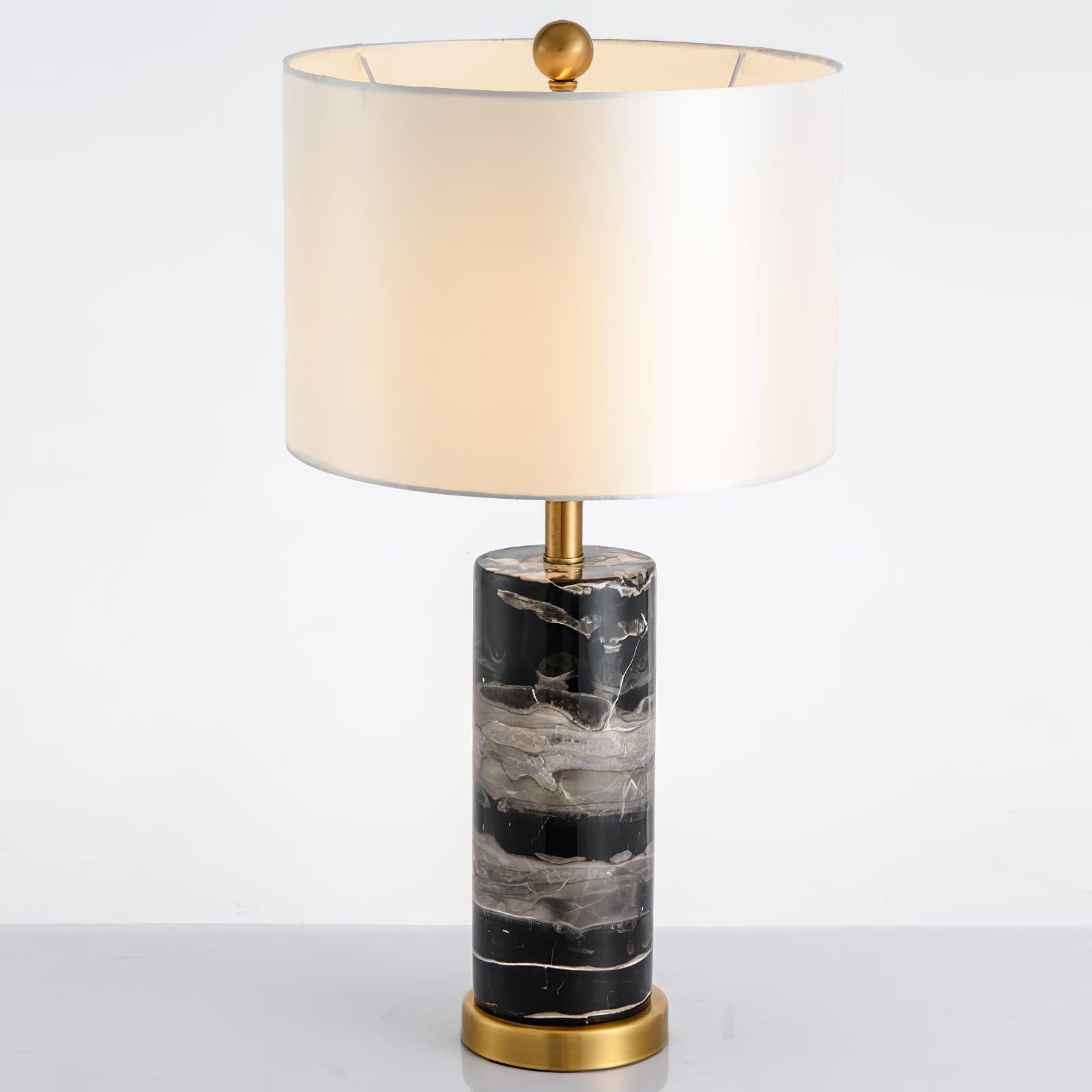 Modern Marble Bedside Table Lamp Gold Metal Finish with White Fabric Drum Shade