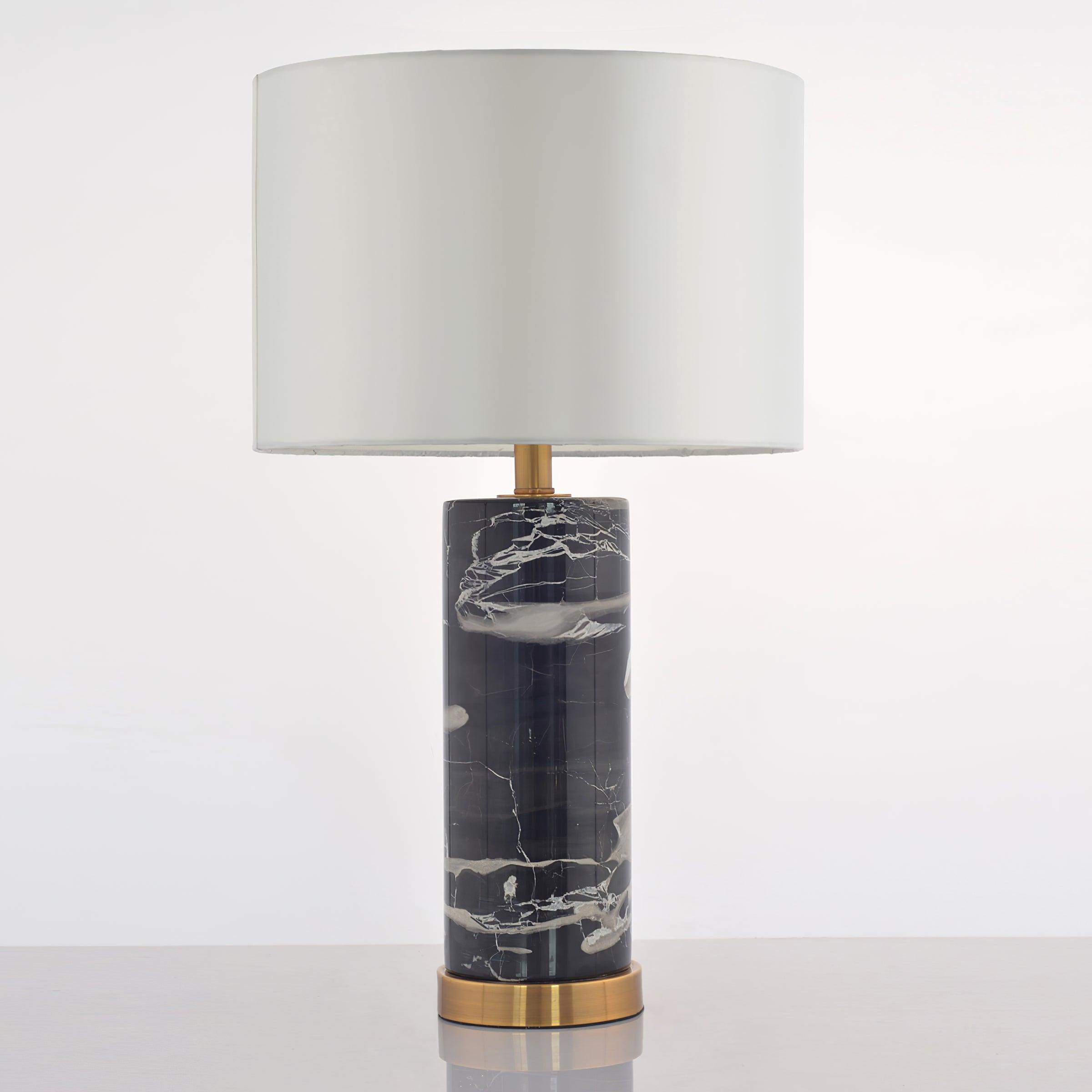 Modern Marble Bedside Table Lamp Gold Metal Finish with White Fabric Drum Shade