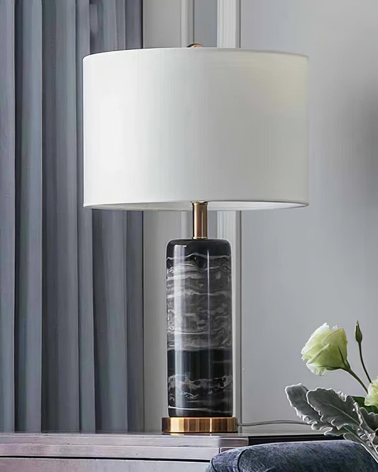 Modern Marble Bedside Table Lamp Gold Metal Finish with White Fabric Drum Shade