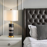 Modern Marble Bedside Table Lamp Gold Metal Finish with White Fabric Drum Shade