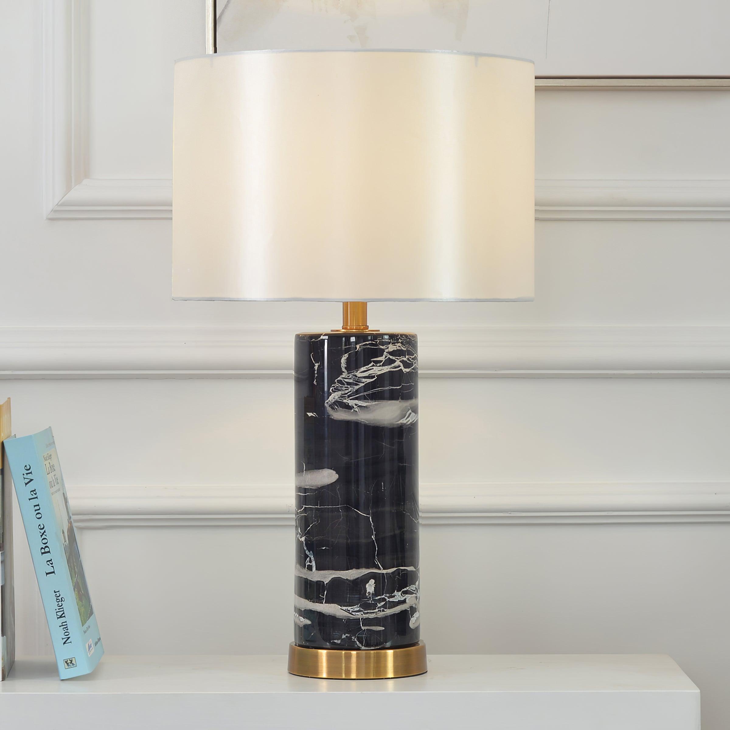 Modern Marble Bedside Table Lamp Gold Metal Finish with White Fabric Drum Shade