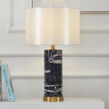 Modern Marble Bedside Table Lamp Gold Metal Finish with White Fabric Drum Shade