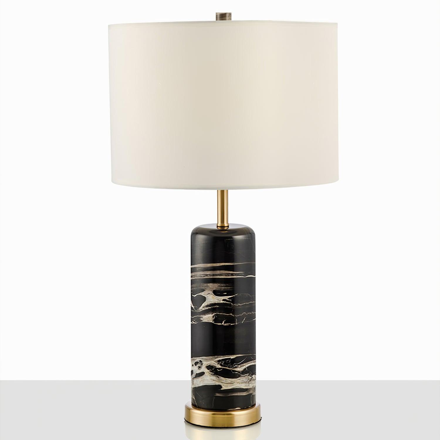Modern Marble Bedside Table Lamp Gold Metal Finish with White Fabric Drum Shade