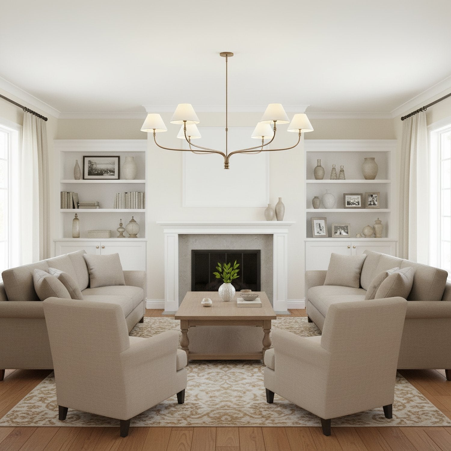 modern-antique-brass-chandelier-with-curved-arms-and-white-tapered-fabric-shades