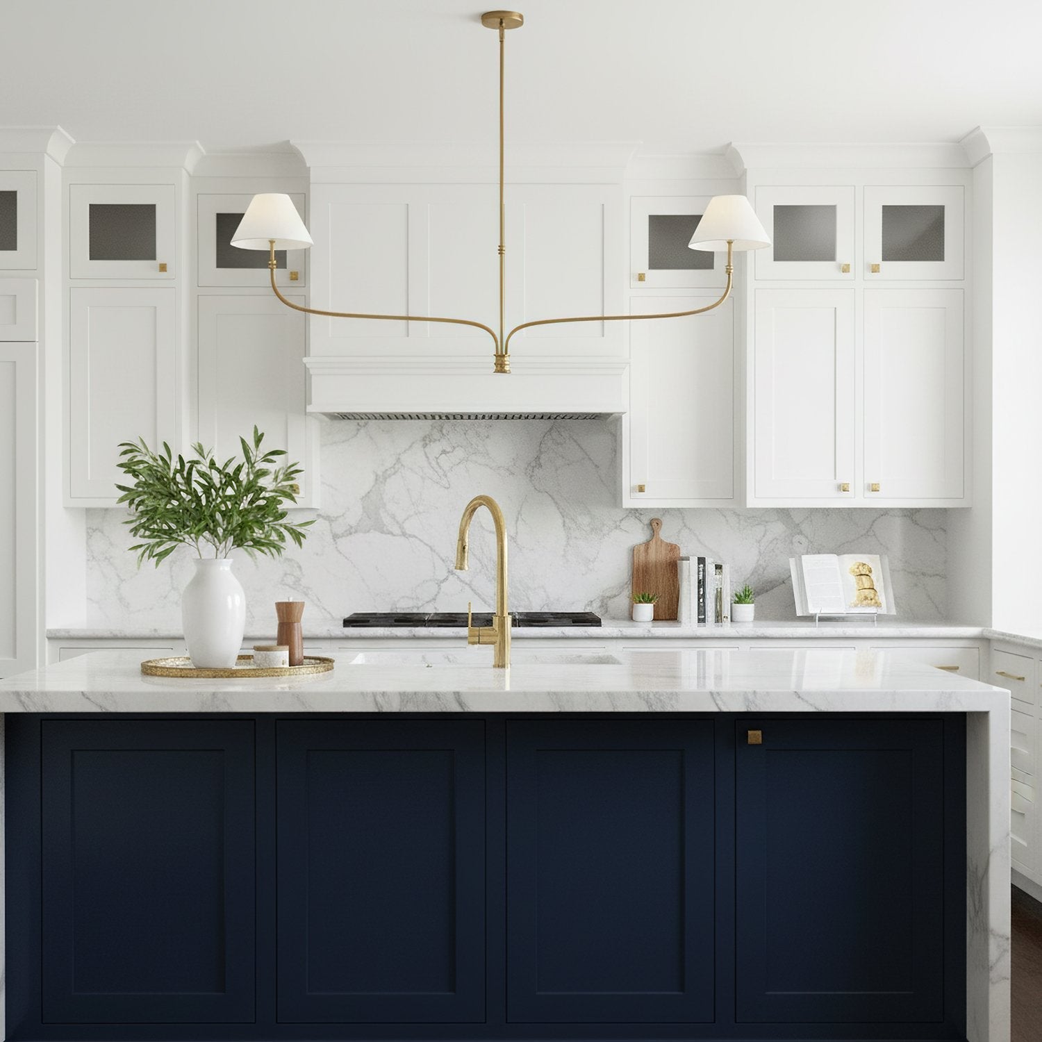modern-antique-brass-chandelier-with-curved-arms-and-white-tapered-fabric-shades