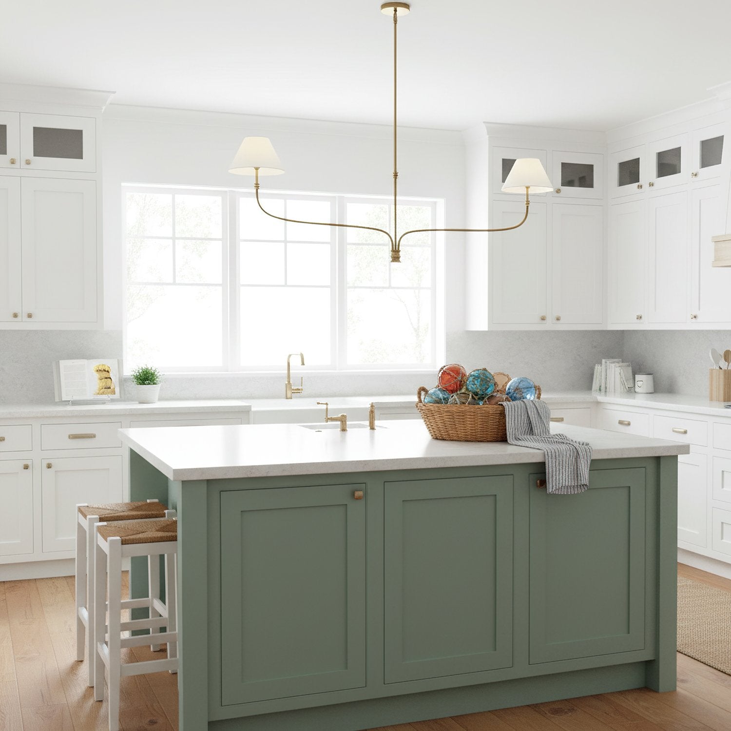modern-antique-brass-chandelier-with-curved-arms-and-white-tapered-fabric-shades