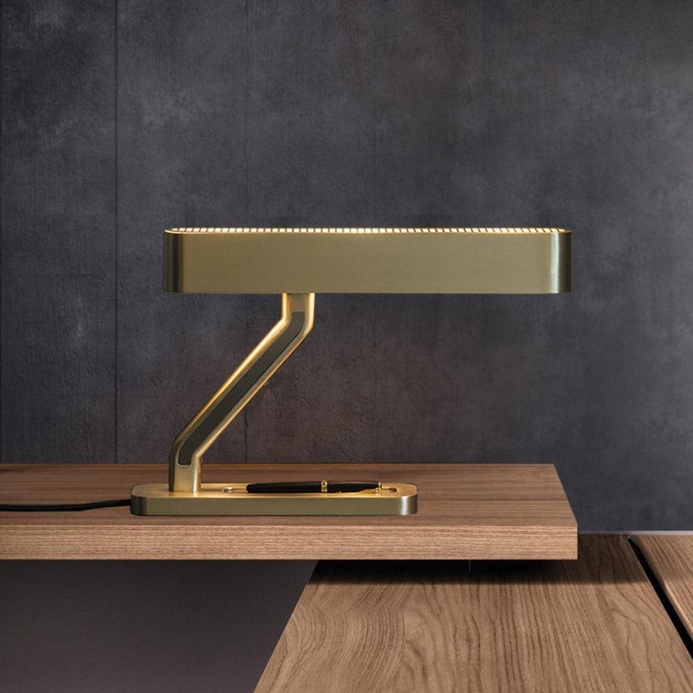 Modern Industrial Brass Table Lamp with Integrated LED and Built in Pen Tray
