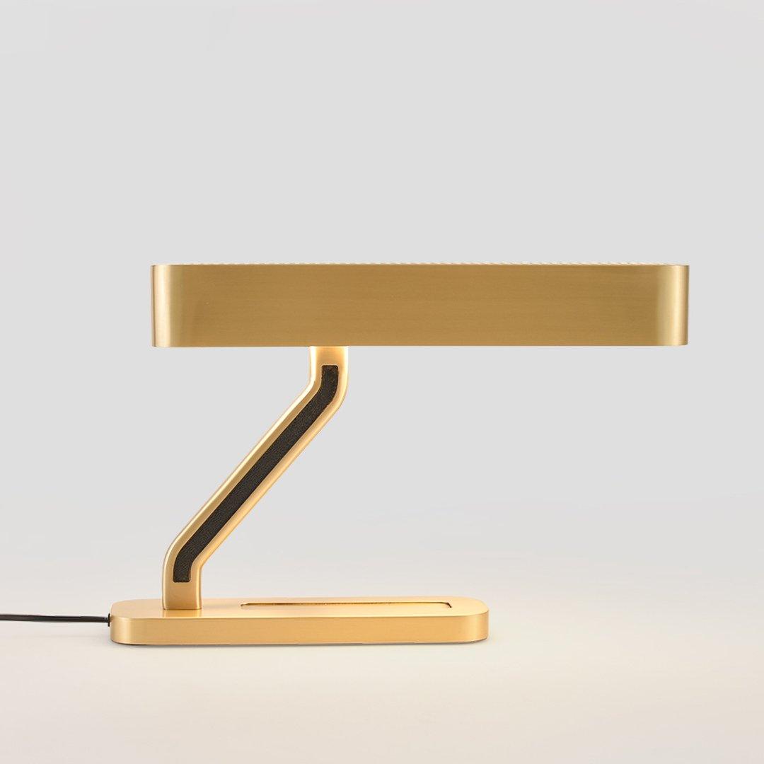 Modern Industrial Brass Table Lamp with Integrated LED and Built in Pen Tray