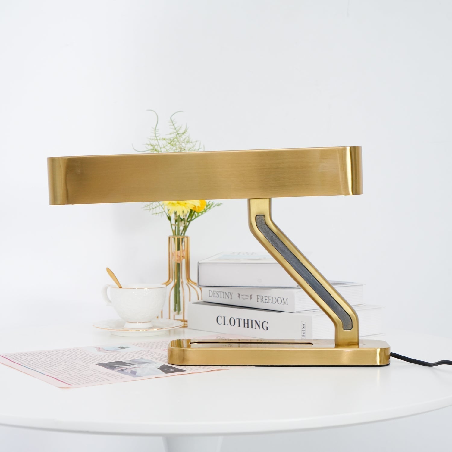 Modern Industrial Brass Table Lamp with Integrated LED and Built in Pen Tray