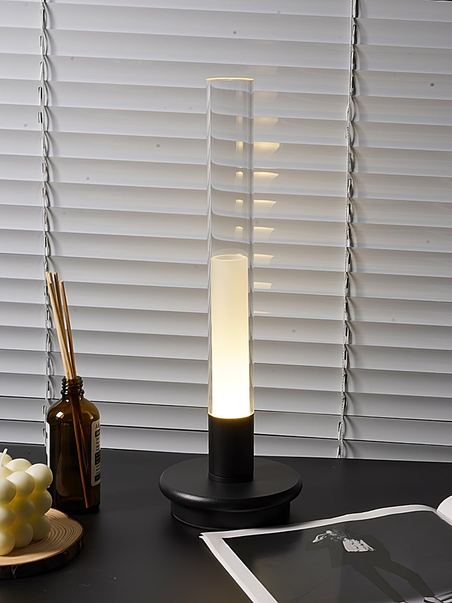 Minimalist Rechargeable Column Table Lamp Cordless Bedside Reading Light with Black Metal Body