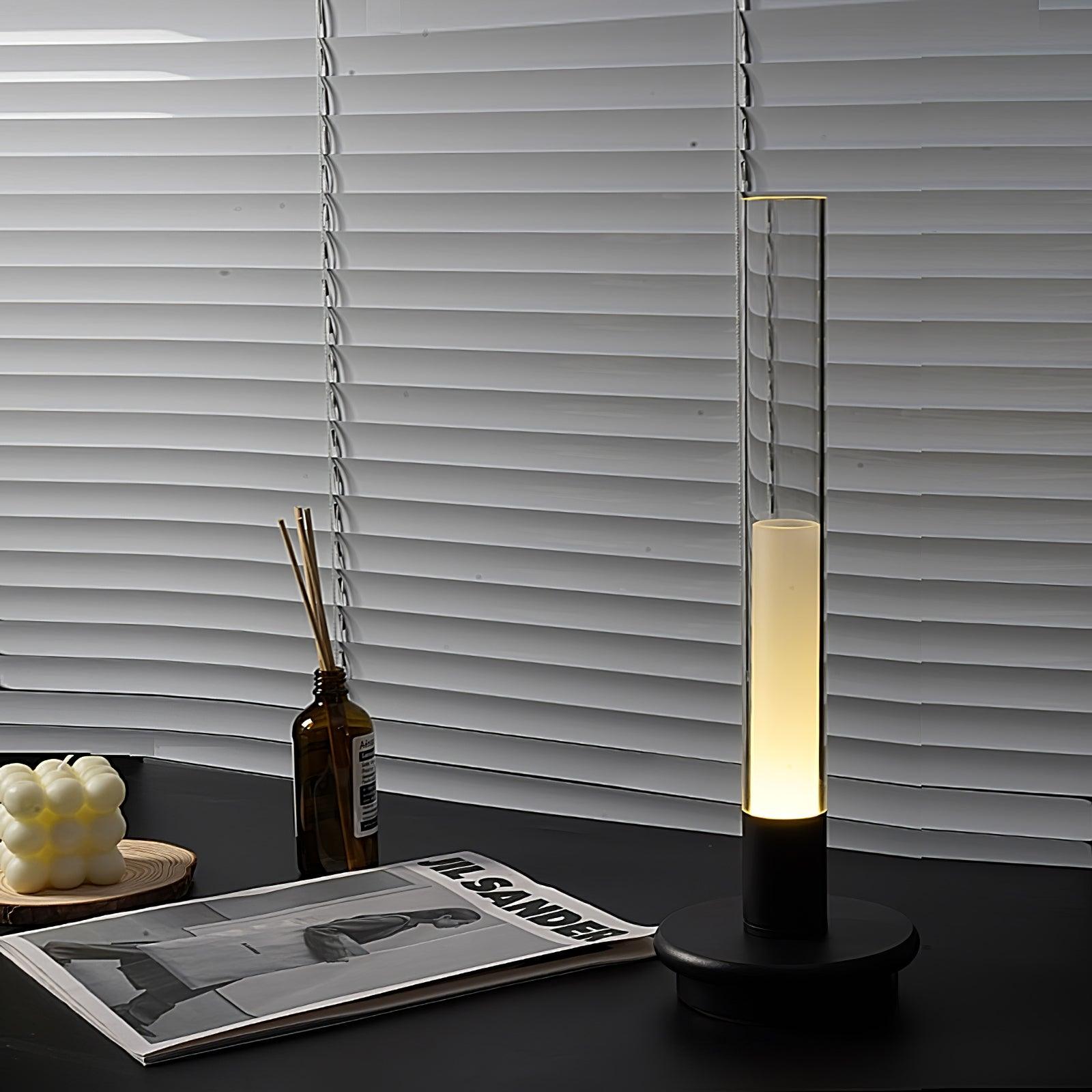 Minimalist Rechargeable Column Table Lamp Cordless Bedside Reading Light with Black Metal Body