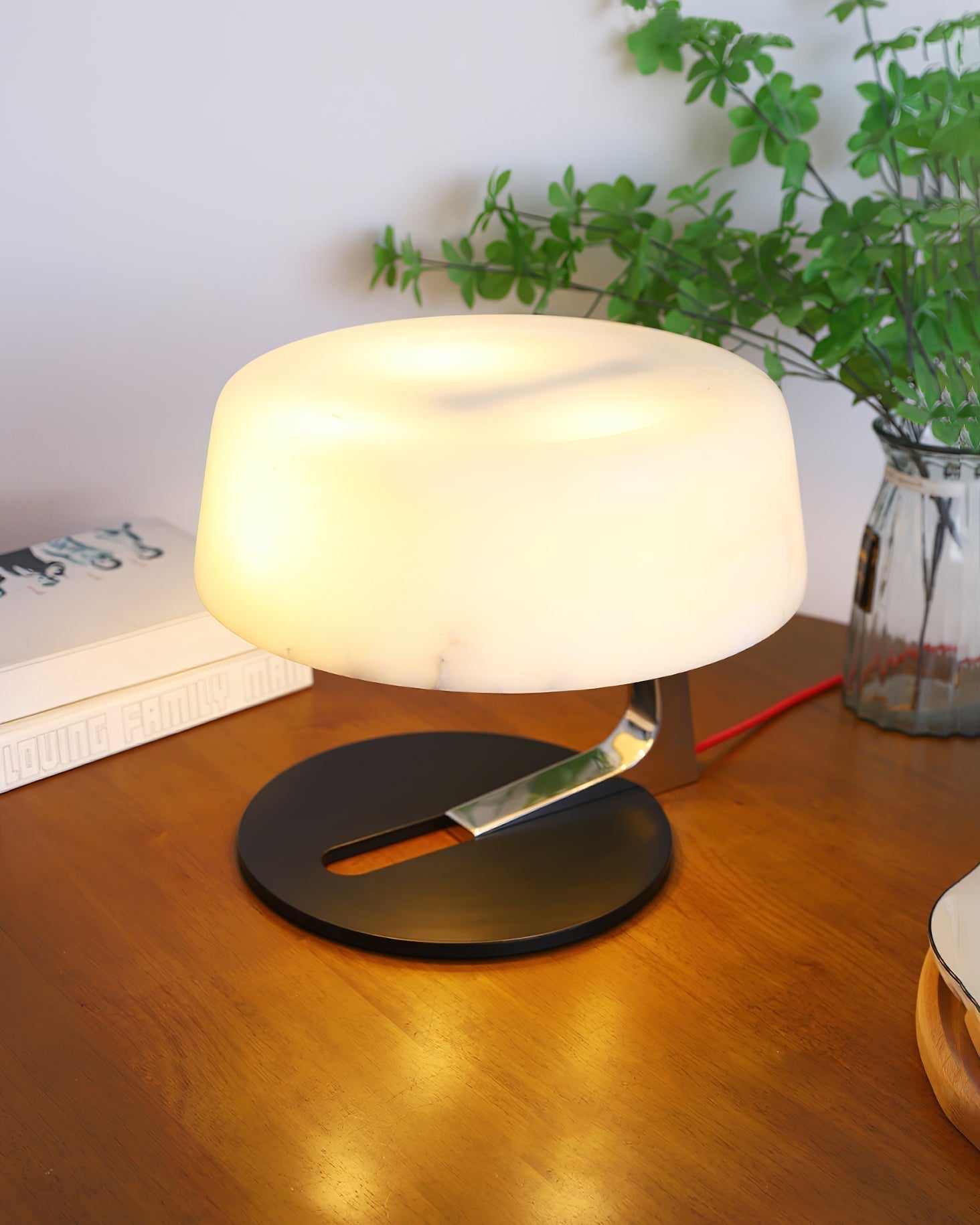 Modern Natural Alabaster Desk Lamp with Polished Metal Base and LED G9 Socket
