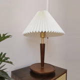 Modern Scandinavian Wooden Table Lamp with White Pleated Fabric Cone Shade
