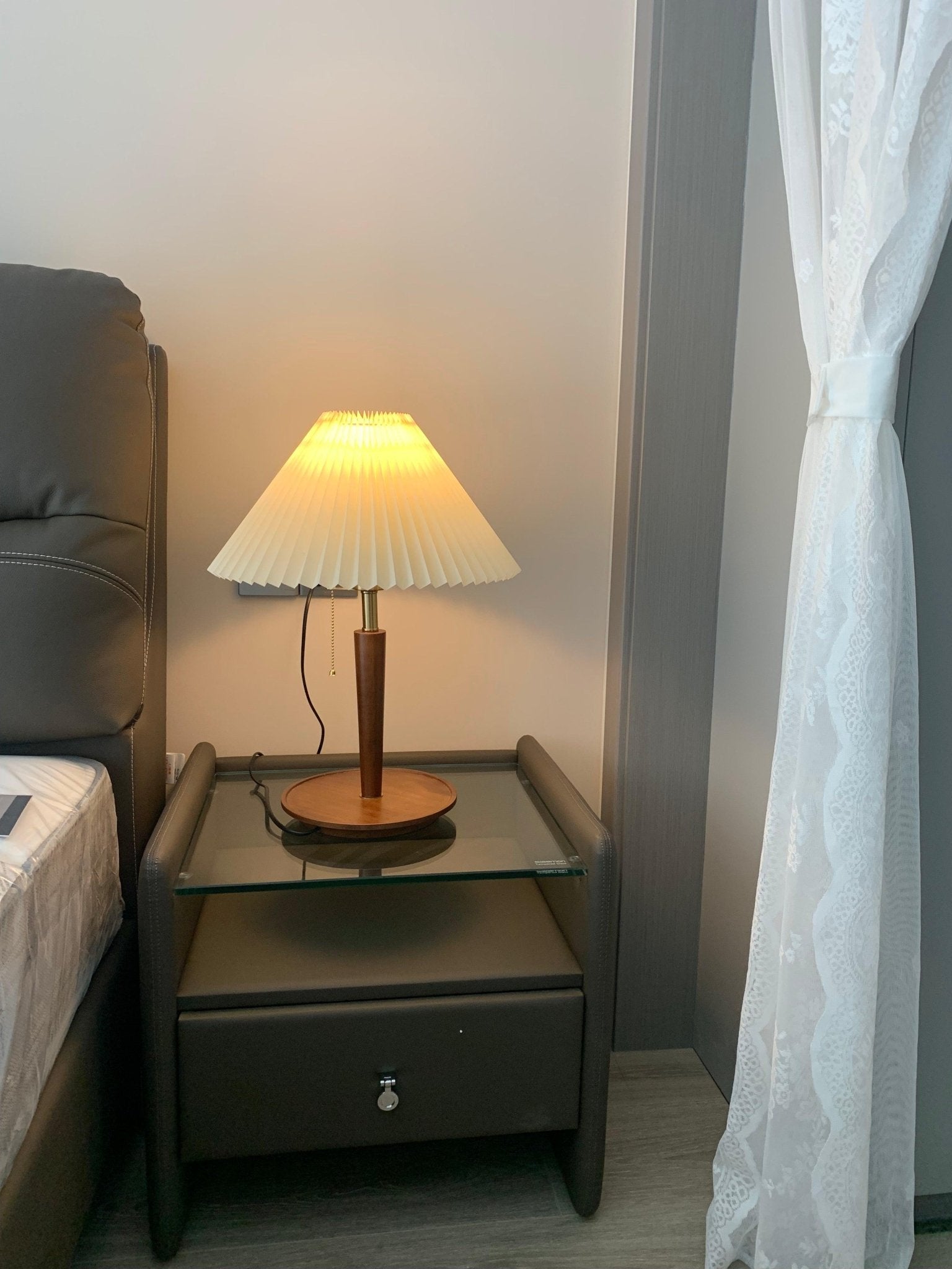 Modern Scandinavian Wooden Table Lamp with White Pleated Fabric Cone Shade