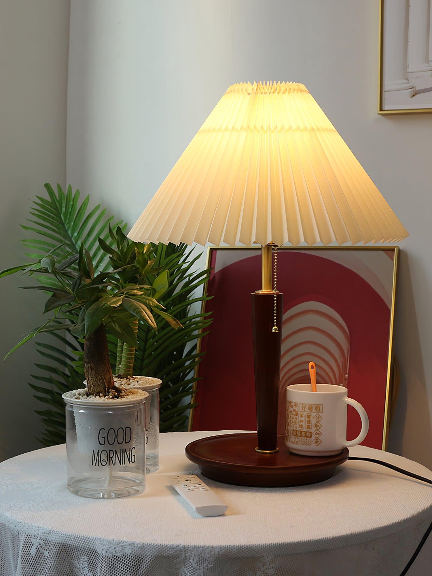 Modern Scandinavian Wooden Table Lamp with White Pleated Fabric Cone Shade